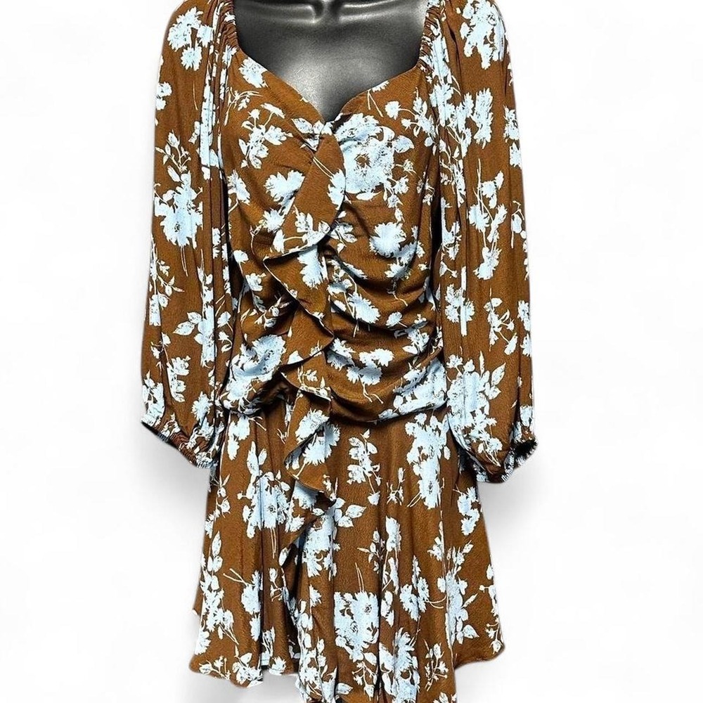 NWT Feminine boutique EASEL mini dress with blue & brown floral print ruched